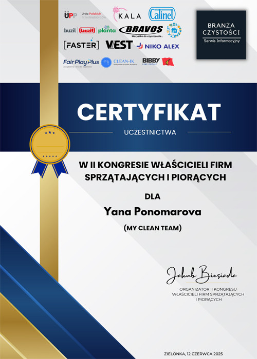 Certyfikat uczestnictwa w 3 kongreasie włascicieli firm sprzątających i piorących