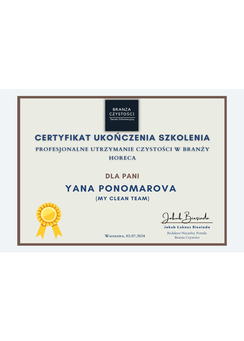 Certyfikat ukoncznia szkolenia - Profesjonalne utrzymanie czystości w branży HORECA